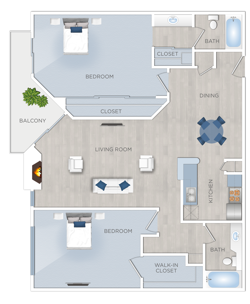 Floor plan for 2 beds, 2 baths, 1146 sqft